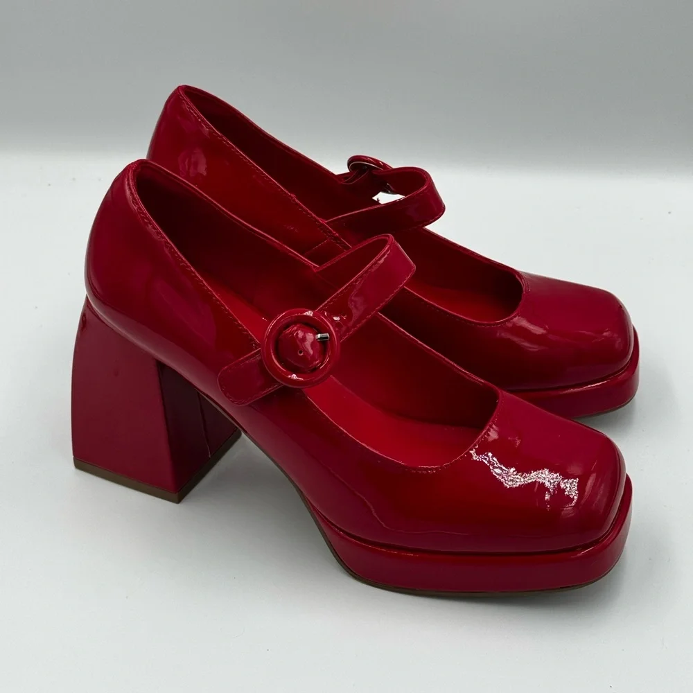 Red Patent Platform Mary Jane Heels | Block Heel Pumps | Size 8.5